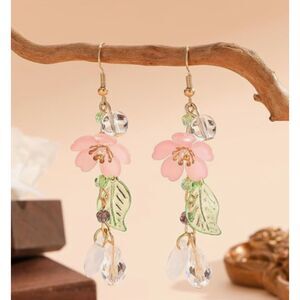 Pink Flower Dangle Earrings 2.9" Green Leaves, Crystals